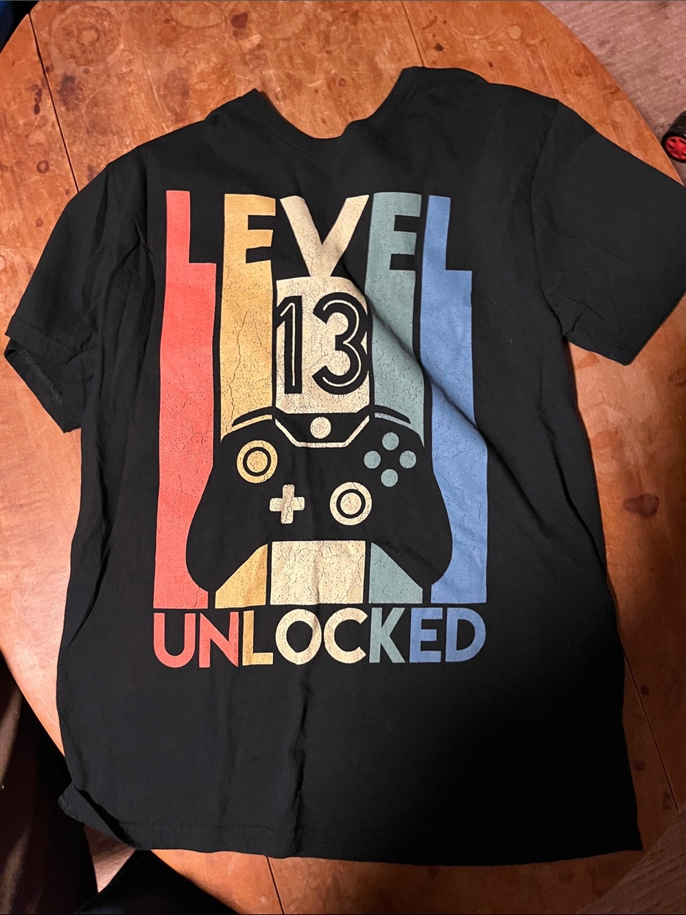Gildan Black 'Level 13 Unlocked' Gamer Tee with Red Yellow Blue Stripes